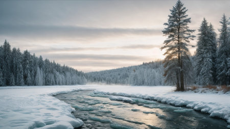 Frozen river in winter forest at sunset. Beautiful winter landscape.の素材