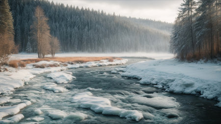 Beautiful winter landscape with frozen river and forest in the background.の素材