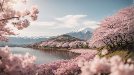 Cherry blossom in spring time with mountains in background, Japanの素材