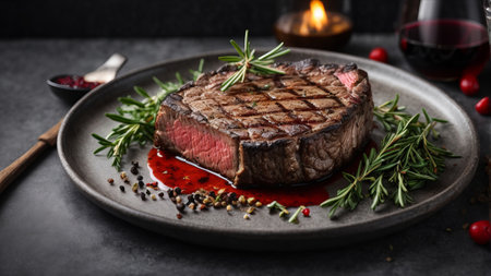 Grilled beef steak with rosemary and cranberry sauce as closeup on a modern design plateの素材
