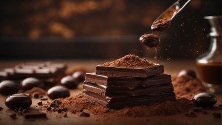 Pouring cocoa powder into stack of chocolate bars on rustic backgroundの素材