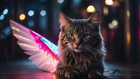 Cute cat with wings and bokeh lights on background.の素材