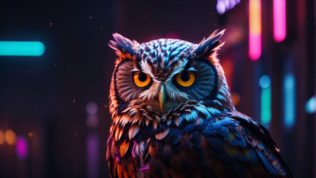 Beautiful owl in a dark room with neon lights on background.の素材