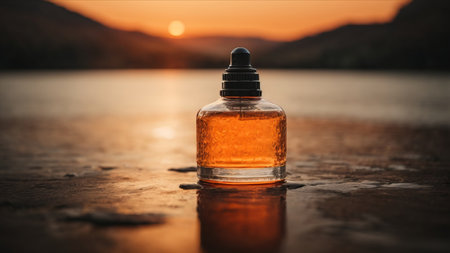 Bottle of perfume on the beach at sunset. Selective focusの素材