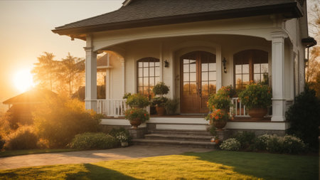 Beautiful house in the garden at sunrise. Vintage style photo.の素材