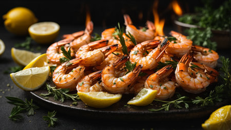 Grilled shrimps with lemon and herbs on a black backgroundの素材