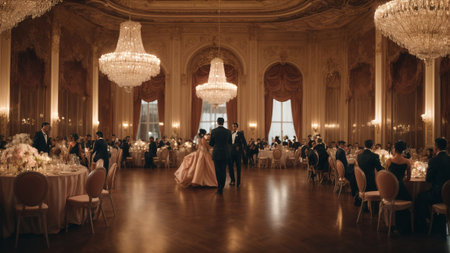 Wedding ceremony in a luxurious restaurant. The bride and groom are dancing.の素材
