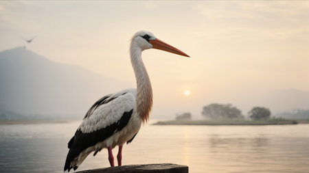 White stork standing on the shore of the lake at sunset.の素材