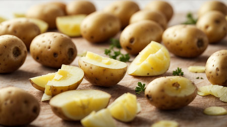 Fresh potatoes with slices on wooden table, closeup. Vegetarian foodの素材