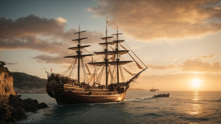 Sailing ship in the sea at sunset. Panoramic viewの素材