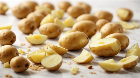 Fresh raw potatoes on light background, closeup. Vegetarian foodの素材