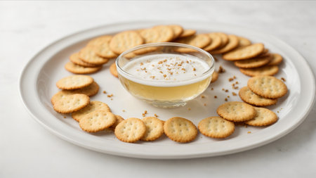 Bowl with tasty cheese cream and crackers on table, closeupの素材