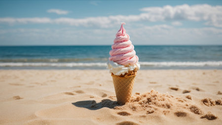 Ice cream cone on the beach with blue sky and sea background.の素材