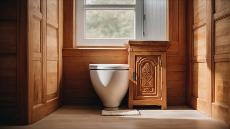 Interior of modern bathroom with toilet bowl and towel on wooden floorの素材