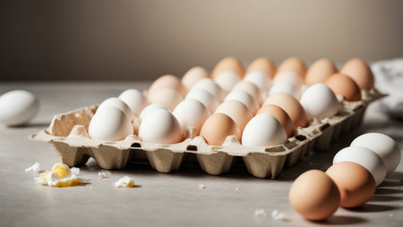 Eggs in a carton on a gray background. Selective focus.の素材