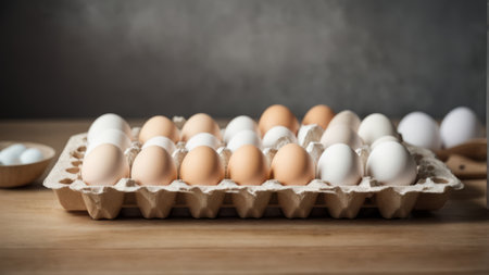 Eggs in egg carton on wooden table with copy spaceの素材