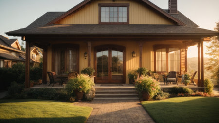 Blurred image of beautiful house in the garden during sunset time.の素材