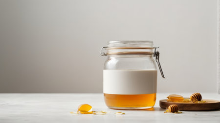 Honey in a jar with honey dipper on a white backgroundの素材