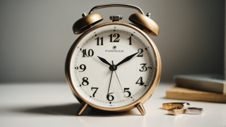 Alarm clock and notebook on white table. Time management concept.の素材