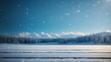 Winter landscape with snow covered trees and mountains in the background. Blurred background.の素材