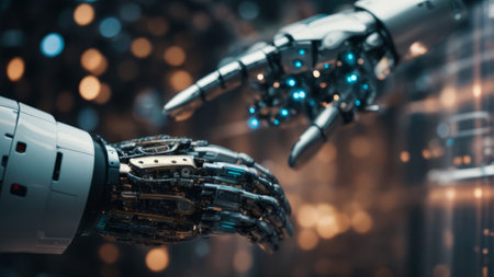3d rendering robot hand on blurred background with bokeh lightsの素材