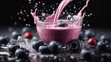 Blueberry yogurt splashing out of a glass with fresh berries on a black backgroundの素材