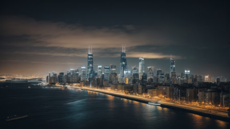 Panoramic view of Chicago skyline at night, Illinois, USA.の素材