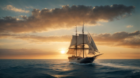 Beautiful sailboat in the ocean at sunset. 3d renderingの素材