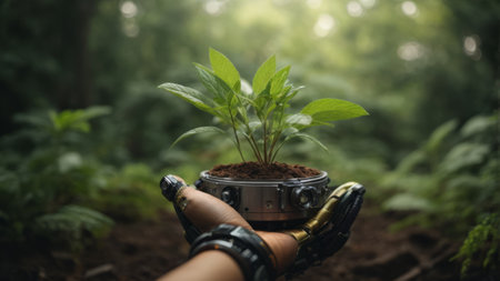 Young plant growing in a pot in the hands of a woman.の素材