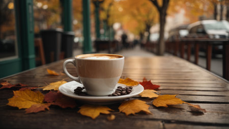 Coffee cup on wooden table with autumn leaves on background.の素材