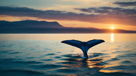 Humpback whale tail in the sea at sunset, Iceland.の素材