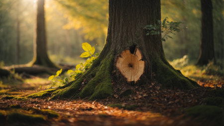 Beautiful autumnal forest with a tree trunk and fallen leaves.の素材