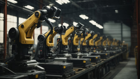 Smart industry robot arms for digital factory production line. Concept of artificial intelligence for industrial revolution and automation manufacturing process.の素材