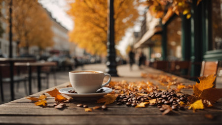 Coffee cup and autumn leaves on a wooden table in a cafeの素材