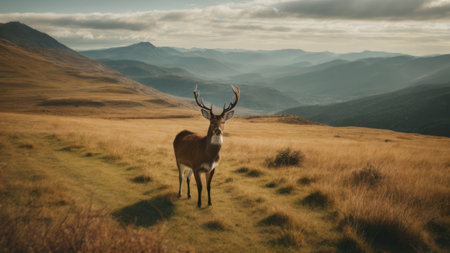 Panoramic view of a deer in the highlands of Scotlandの素材