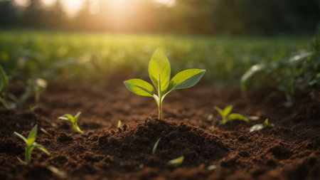 Young green seedling growing on soil at sunset. Concept of agriculture.の素材