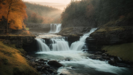 Long exposure of a waterfall in the middle of a foggy forestの素材