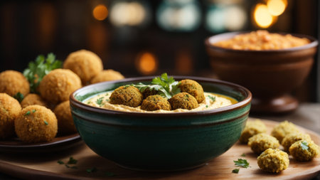 Bowl of tasty falafel balls with hummus on tableの素材