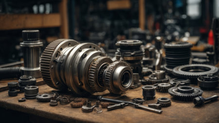 Gearbox and other gear parts on a wooden table in a workshopの素材