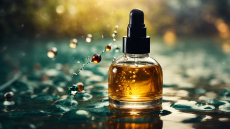Bottle of essential oil with drops and bokeh background.の素材