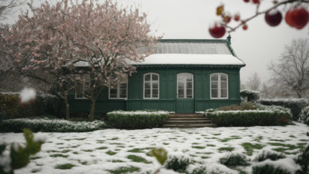 Winter landscape with snow and pink cherry blossoms and old wooden houseの素材