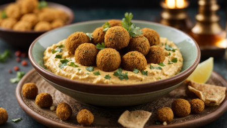 Bowl of hummus with falafel balls on dark backgroundの素材