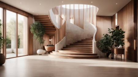 Interior of modern living room with wooden stairs. 3d renderの素材