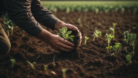 Farmer planting seedlings in fertile soil, Cropped image.の素材