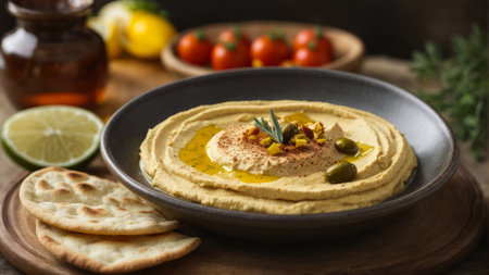 Hummus with olive oil and spices on a wooden background.の素材
