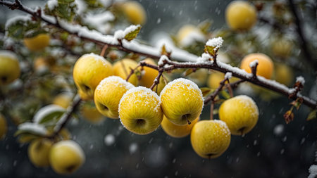 Yellow apples on a branch in the first snow. Selective focus.の素材