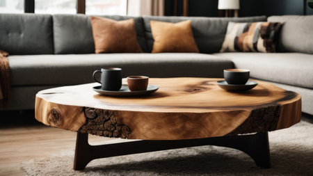 coffee cup on wooden table in modern living room with sofa and sofaの素材