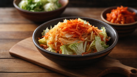 Bowl with tasty cabbage salad on wooden table, closeup viewの素材