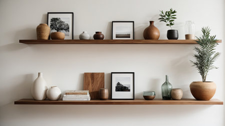 Wooden shelf with vases, books and plants in modern interiorの素材