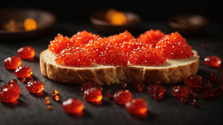 Sandwiches with red caviar on a black background, close upの素材